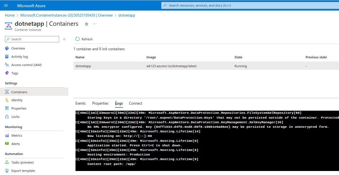 Azure Container Instance - logs
